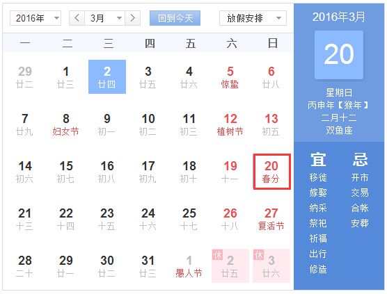 2016年春分是几月几日几点
