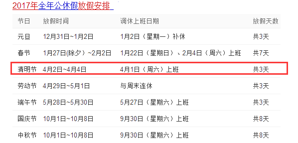 2017清明节放假安排
